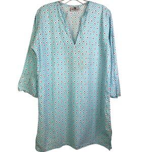 Malabar Bay Tunic Top Womens Size‎ Large Blue V-Neck 3/4 Sleeve Geometric